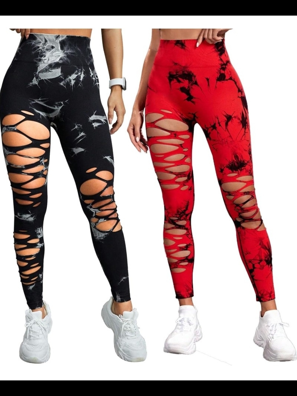 High-Waist Ripped Tie-Dye Leggings - Black & Red